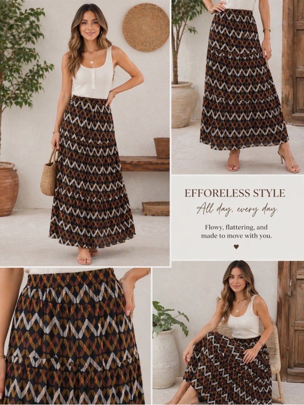 Valija-Chevron Tiered Maxi Skirt in Black, Brown & White